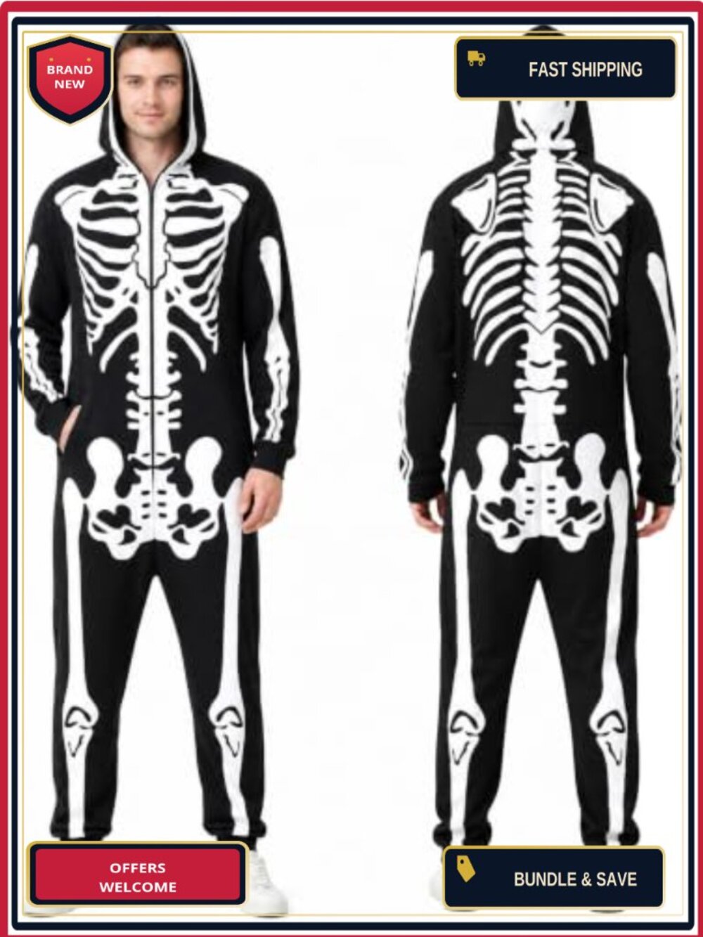 Skeleton Halloween Costume Zip Hood Jumpsuit Double-Sided Bone Print Adults